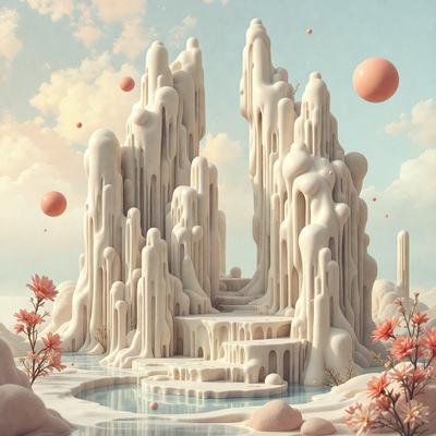 The primary subject of the image is a large, white, frosty mountain with a waterfall. The mountain is surrounded by a beautiful, snowy landscape. The setting is a wintery environment, with a frozen lake and a few pink flowers scattered around the area. The visual style of the image is a digital art or illustration, creating a surreal and fantastical atmosphere. The dominant colors are white, blue, and pink, giving the scene a serene and enchanting mood.